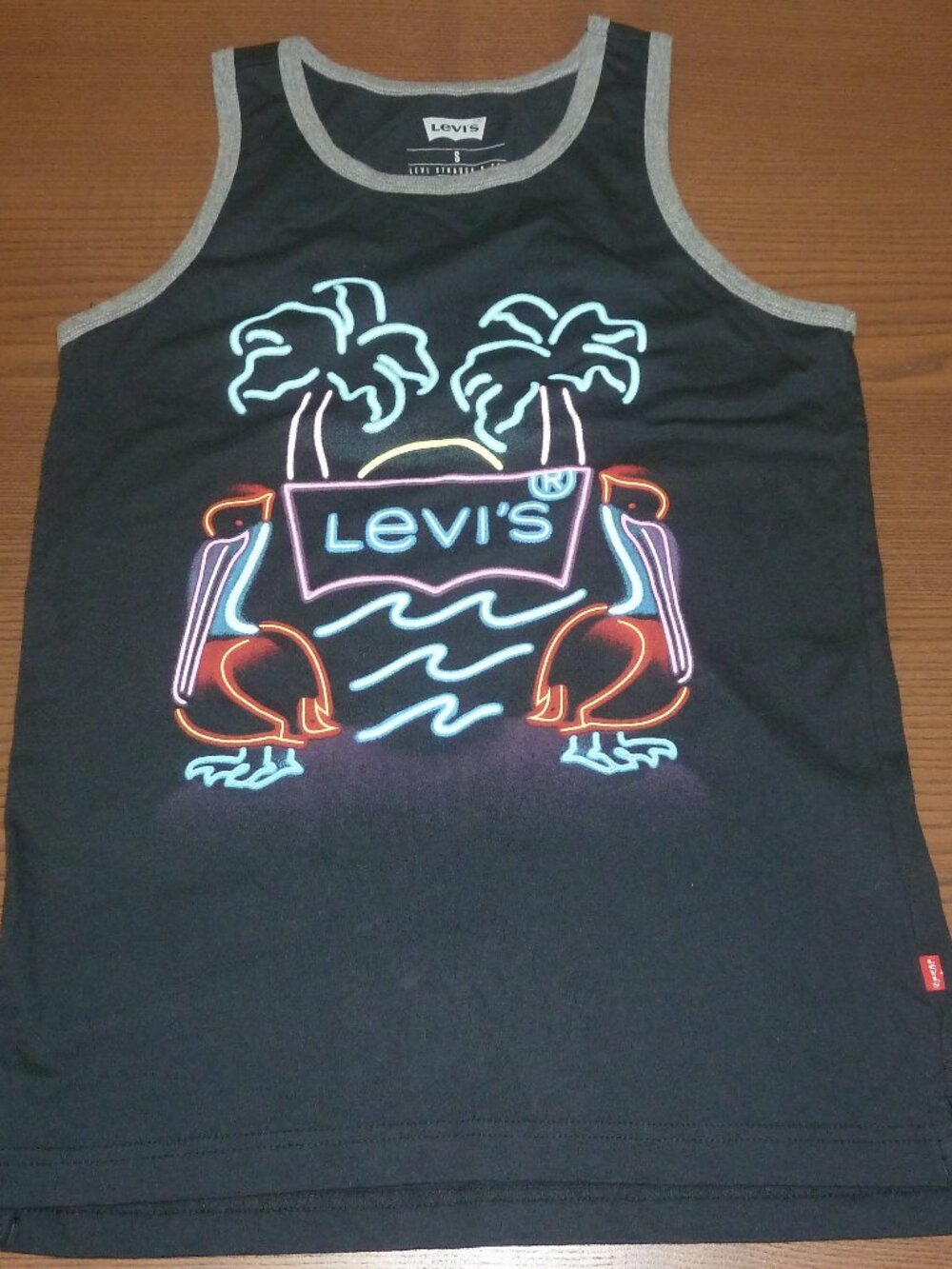 Levi's Black Tank Top Pelican Neon Lights Palm Trees Waves Size Small